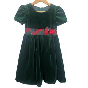 Vintage Sylvia Whyte Girls Dark Green Velvet Holiday Dress Tartan Belt Bow Sz 6
